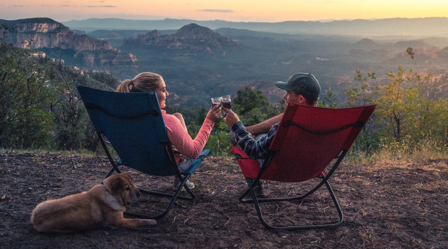 couple on holiday with dog