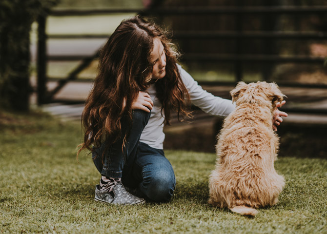 young girl petting dog outdoors, kids and pets