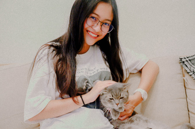 Young woman petting grey cat, vet nurse, pet care